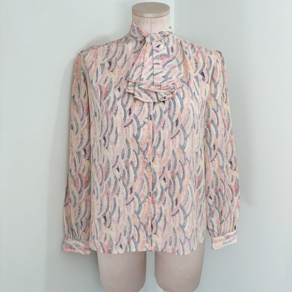 🌷 sales* Vintage Tie Neck Bow Top Paisley Size Medium Waves Retro Rare Career - Picture 2 of 16